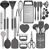 Silicone Kitchen Cooking Utensils Set, Fungun 27 Pcs Kitchen Utensil Set with Stainless Steel Handle - Kitchen Gadgets Cookware Set, Non-stick Kitchen Tool Set - Grey …