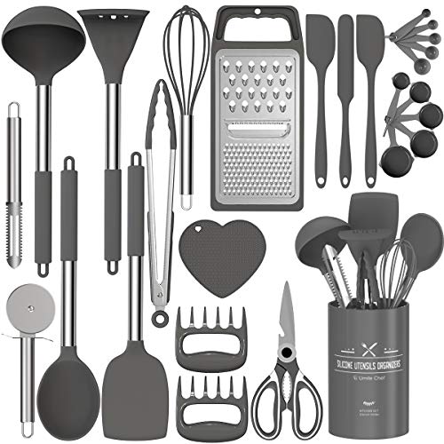 Silicone Kitchen Cooking Utensils Set, Fungun 27 Pcs Kitchen Utensil Set with Stainless Steel Handle - Kitchen Gadgets Cookware Set, Non-stick Kitchen Tool Set - Grey â¦