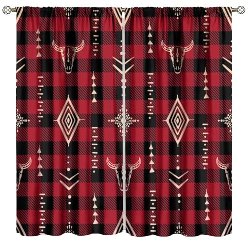 Retro Cow Skull Blackout Curtains, Rustic Farmhouse Western Cowboy Geometric Plaid Print Window Drapes, for Living Room Bedroom 31.5(W)*63(L) 2 Panels