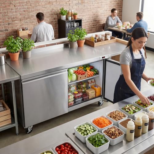 Image of 60.2 inch W Undercounter Worktop Refrigerator Sandwich Salad Prep Table Refrigerator Commercial Refrigerator Stainless Steel Fan Cooling Kitchen Equipment