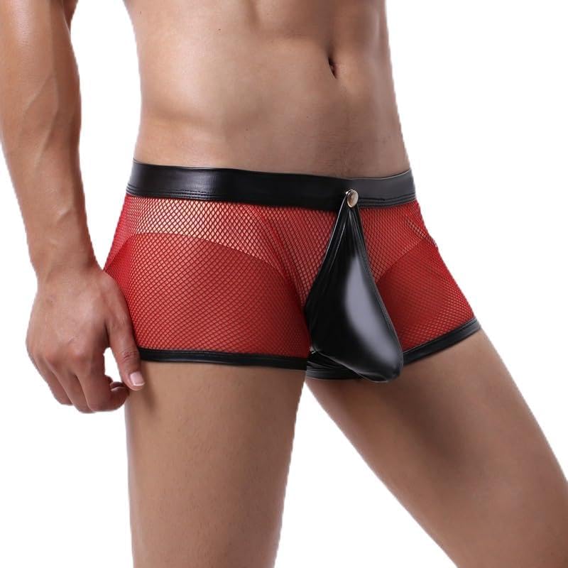 Men's Sexy Underwear with Large Mesh Breathable Low Waist Hollowed Out Boxer Briefs Leather Mesh