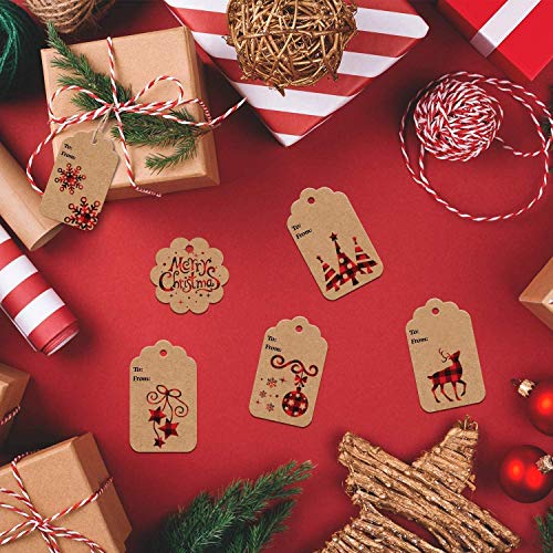 LOKIPA 120 Pieces Christmas Kraft Paper Gift Tags Hang Labels with Red and Black Plaid Snowflake Christmas Tree Elk Patterns and 230 Feet Twine Rope for Christmas - Thumbnail 7