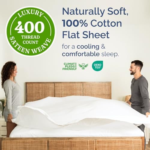 Queen 400 Thread Count 100% Cotton Flat Sheet - Comfortable, Cooling & Breathable Cotton - Top Flat Sheet Only - Luxury Hotel Quality Bedding - Extra Soft and Comfy - Easy Care, Wrinkle Free - White