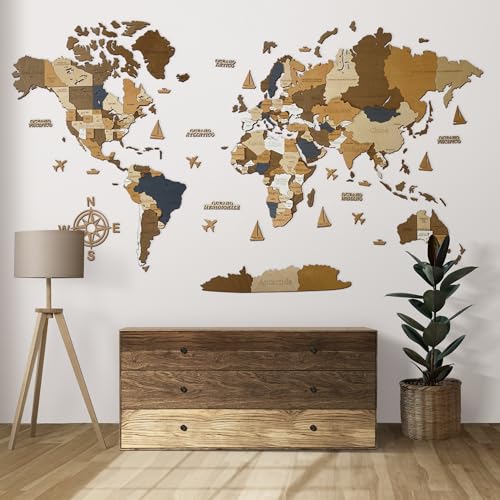 Mappa del mondo in legno (in Italiano) - Decorazione murale in 3D - Dimensioni della mappa (M, L, XL) - Arte da parete per la casa (CAFFÈ, M (120 x 62 cm)