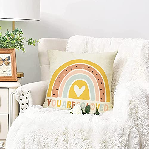 Image of Boho Rainbow Home Decorative Throw Pillow Cover, You are So Loved Inspirational Quote Heart Cushion Case 18x18 for Girls Kids Bedroom Nursery Decor Bohemian Neutral Baby Shower Decoration Gifts