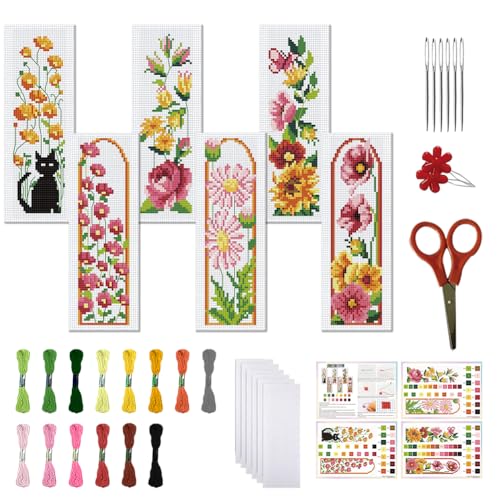 FREEBLOSS 6 Pcs de Marque-Pages au Point de Croix Kit 11 CT Fleurs Point de Croix Kit Complet Kits...