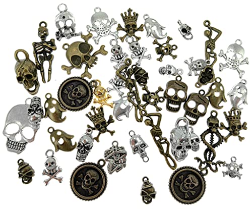 Kinteshun Halloween Skull Head Skeleton Steampunk Pirate Charm Pendant for DIY Jewelry Making Accessaries(100 Grams/about 60pcs,Antique Silver&Bronze Tones)