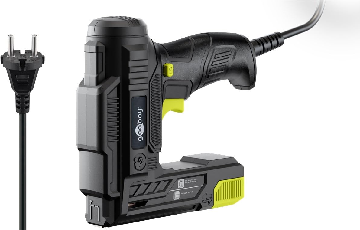 goobay 2 en 1 grapadora y clavadora eléctrica con cable, 70 W, incluye 400 grapas (10 mm) y 100 clavos (14 mm), cable de 2 m, ideal para tapicería, bricolaje y reparaciones domésticas, 77820