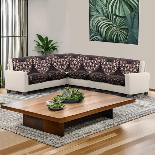 Image of Premium Chenille Woven Anti-Slip 6 Seater L-Shape Sofa Cover | L-Shape Sofa Seat Protector for Living Room | Durable & Stylish Slipcover - Brown Phoolkari