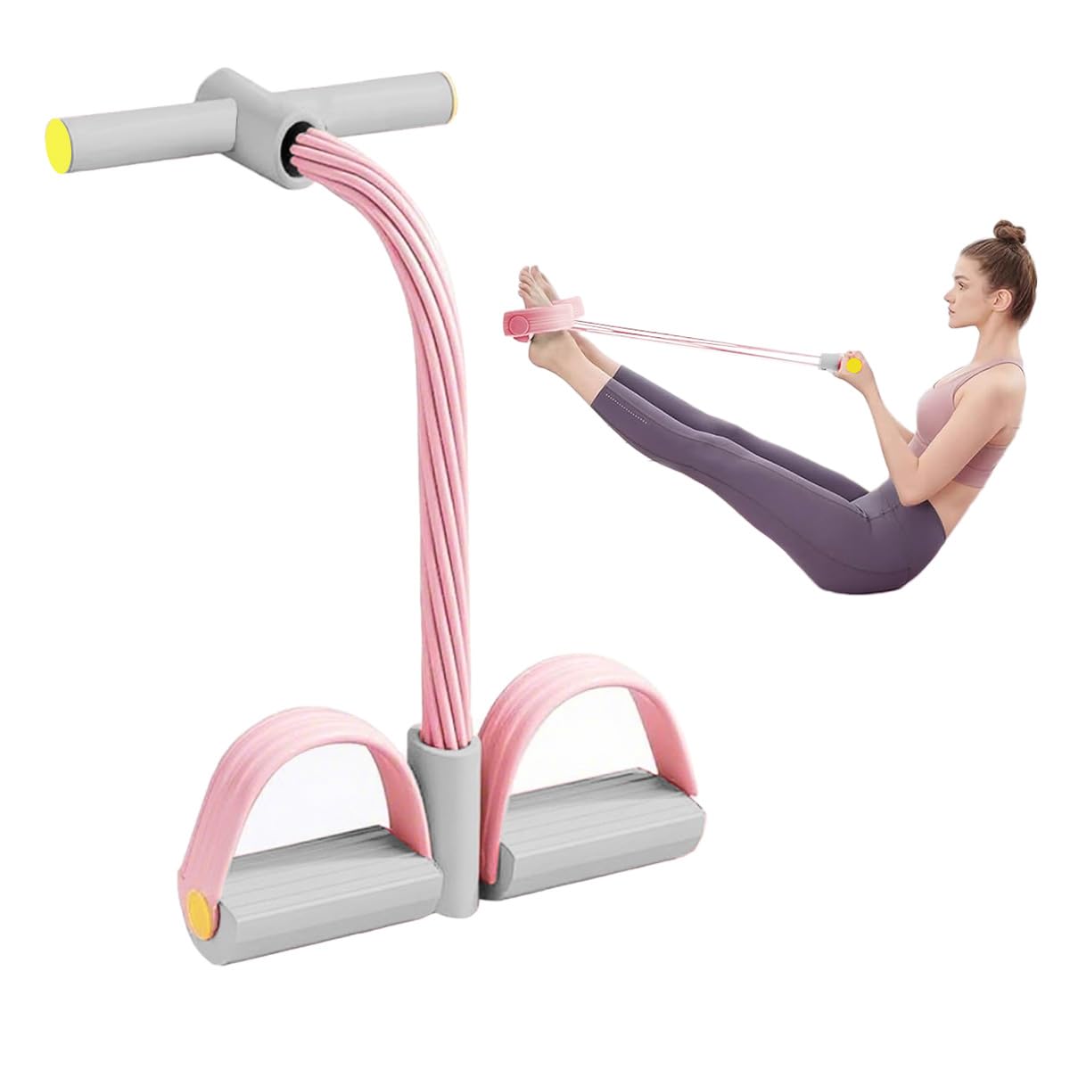 Garegce 6 Tubes Pedal Resistance Band,Sit Up Pull Rope,Abdominal Trainer with Foot Pedal,Full Body Home Workout Equipment for Abs,Legs,Arms,Elastic Band for Slimming,Strength Training-Ash-Pink