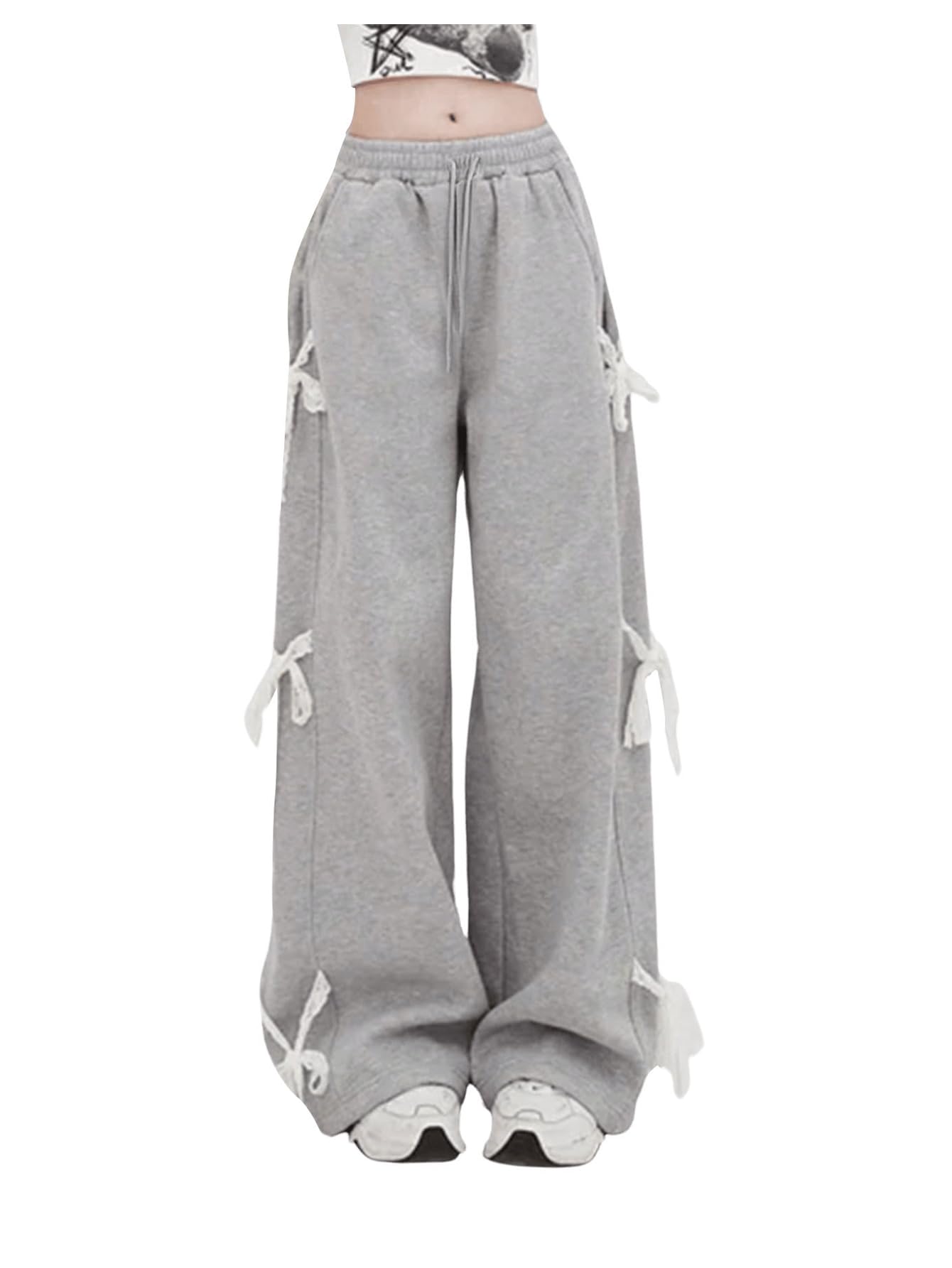 SweatyRocks Womens Bow Side Wide Leg Pants Drawstring Baggy Casual Going Out Trousers with Pockets