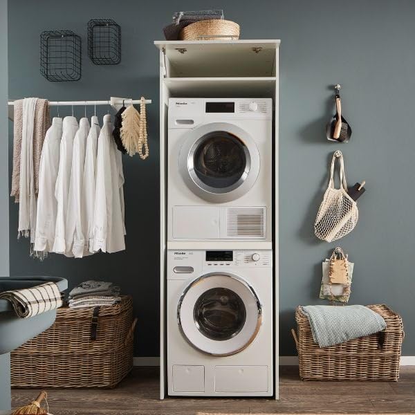 Laundreezy Waschmaschinenschrank für Trockner und Waschmaschine, Weiß - Praktischer Waschmaschinen-Überbauschrank - 67,5 x 200 x 67,5 cm (B/H/T)