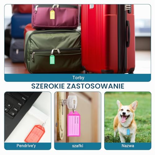 Cozary Breloczek do kluczy z kółkiem, 20 sztuk, 5 kolorów z etykietami do opisania, do walizek, zwierząt domowych, bagażu