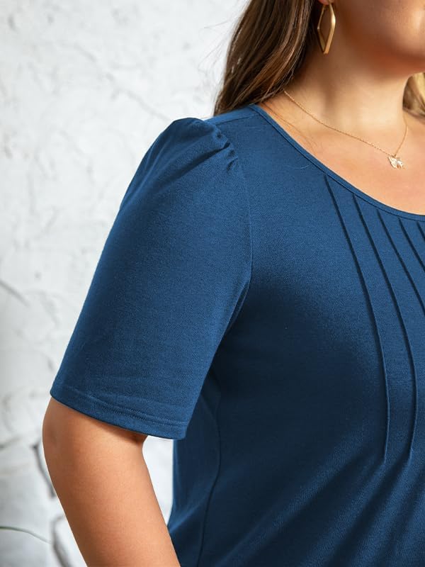 CARRROTMOB Plus Size Womens Summer Tops Puff Short Sleeve Crew Neck Pleated T Shirts Loose Dressy Casual Blouses - Image 4