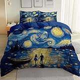 Soft Microfiber Duvet Covers Set California King Art Couple Starry Sky, 3 Pieces Brushed Microfiber Duvet Cover Set, All Season Reversible with Zipper Closure Blue Yellow