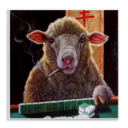 Stupell Industries Sheep Playing Mahjong Tile Game Smoking Animal, Design by Lucia Heffernan