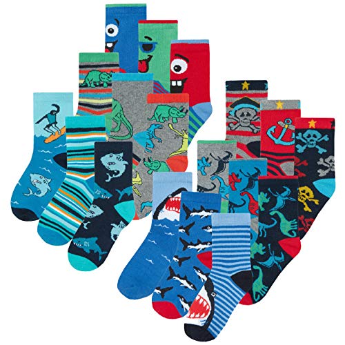 Metzuyan Boys Novelty Cotton Rich Socks (9 & 18 Pairs Multipack) Dinosaurs Space Monster Skulls Football