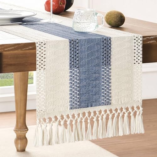 Image of ZeeMart Macrame Style Bicolor Stitching Table Runner, 14 x 48 Inch Blue /Ivory, Boho Blue Table Runners 48 Inches Long, Farmhouse Woven Home Decor