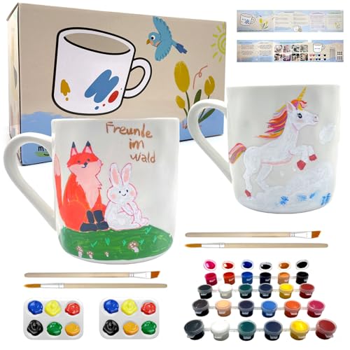 LEOSINYIN Keramik Bemalen Set, Tassen Bemalen Set, DIY Keramik Malset Kreatives Geschenk für Kinder & Erwachsene Enthält 2*Tassen, 2*Farbwanne, 4*Pinsel, 2 * 12 Farben und Anleitung