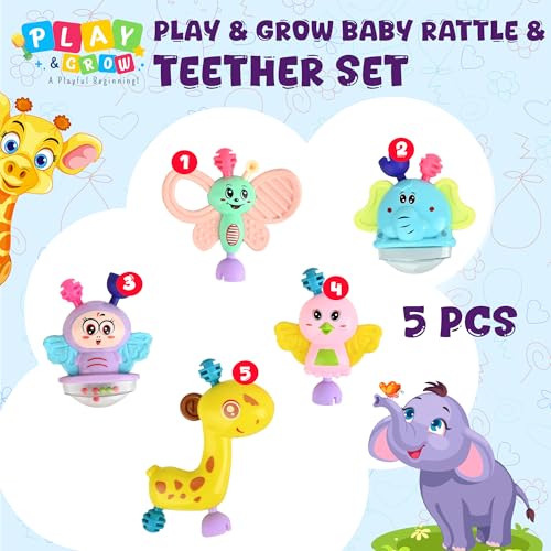 Image of PLAY & GROW Teethable Rattle Set, 5 Pieces, Multicolor, BPA Free Safe & Colorful Infant Early Learning & Sensory Play | Ideal Gift Pack