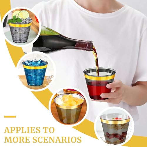 Image of 100 Pcs Gold Black Plastic Cups,9Oz Clear Disposable Cups with Gold Rim,Heavy Duty Clear Disposable Plasitc Cocktail Glasses Tumblers Wine Cup for Party,Wedding,Birthday,Christmas