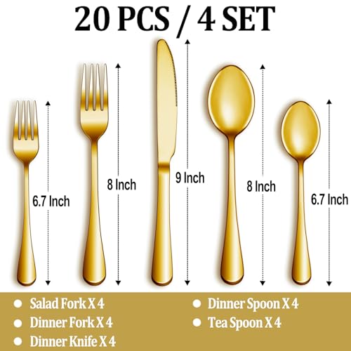 Image of 20 Pcs Gold Silverware Set Service for 4, Premium Stainless Steel Flatware Set, Cutlery Utensil Set, Durable Home Kitchen Eating Tableware Set, Include Fork Knife Spoon Set, Dishwasher Safe