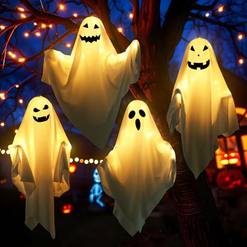 FTUREERA 4 Stück Halloween Geist, Hängende Geister Halloween Deko Outdoor, Lustige Leuchtenden Fliegende Gespenster Deko für Hallo-ween Party Innen...