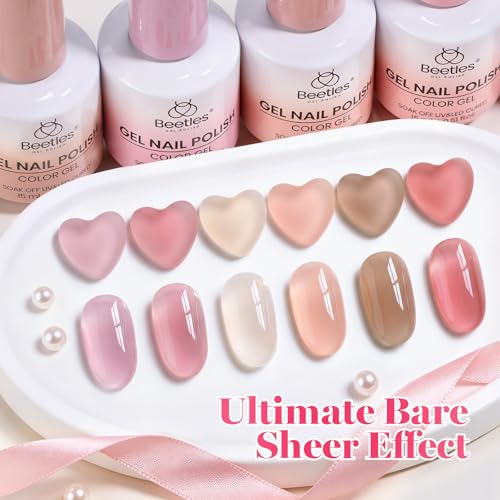 Image of Beetles Sheer Blush Nude Gel Nail Polish Set - 6 Colors 15ML Full Size Nude Pink Brown Neutral Jelly Gel Polish Kit Sheer Translucent Effect Soak Off UV Nail Art Design Manicure Gift for Women
