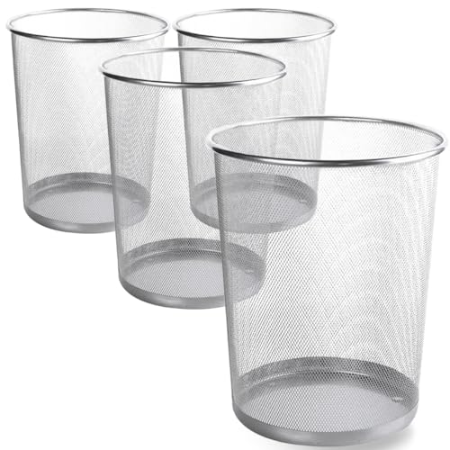 LOSYHU 4 Pack Metal Waste Paper Bin Mesh Trash Can 12 Litres Silver Mesh Bin Office Bin Wire Mesh Bins Round Wastebasket for Office, Bedroom, Bathroom, Kitchen