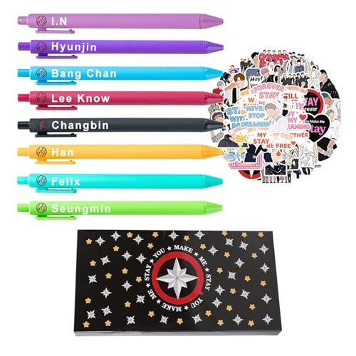 Beyitoria Stray Korean pop Stifte Set 8 bunte Stifte mit schwarzer Tinte & 50 Sticker | Stray Merch für Fans | Korean pop Fanartikel Geschenkset inspiriert von Stray Alben