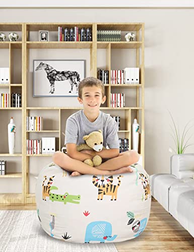 Stuffed Animal Storage Bean Bag Chair Cover|38X38 Inches Extra Large|100% Cotton Canvas | Bean Bag Chair For Kids, Toddlers And Teens(Boys Or Girls)|Soft Toys Storage Bean Bag|(Beige/Animal Paradise) #TOP6