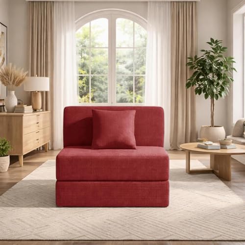 Image of Modern Jute Fabric Sofa Cum Bed with Cushion | 1-Seater Convertible Sleeper Sofa | Space Saving Folding Couch for Living Room, Bedroom & Guest Room-Red