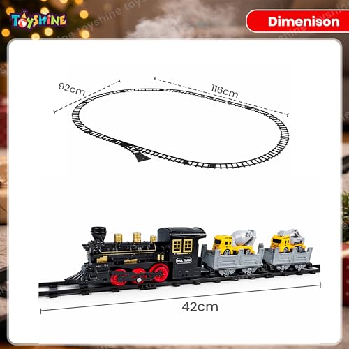 Image of Toyshine Classic Electric Train with Spray Function | Steam Mist Train with Light & Music | Track Set with Cargo Wagons & Vehicles | Realistic Railway Toy Set for Kids 3+