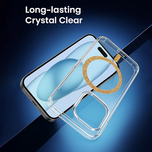 Image of AIBEX Back Cover Case Compatible with iPhone 15 | Glitter Ring Cute Shiny Colorful Bling Case (Compatible with Magsafe) | Transparent PC+TPU Glossy Shiny Cover for Girls & Women - Gold