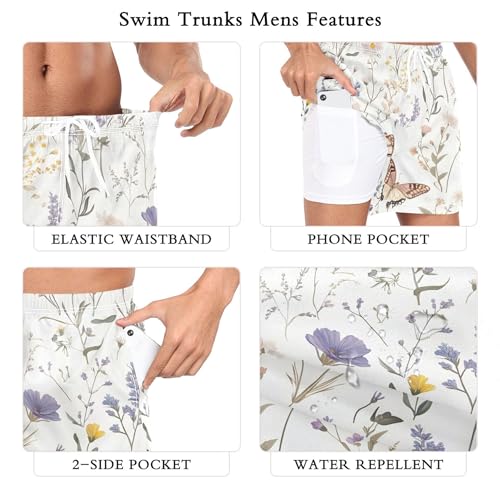 xigua Vintage Wildflowers Mens Swim Trunks with Liner, 5 inch Quick Dry Mens Boardshorts for Beach3