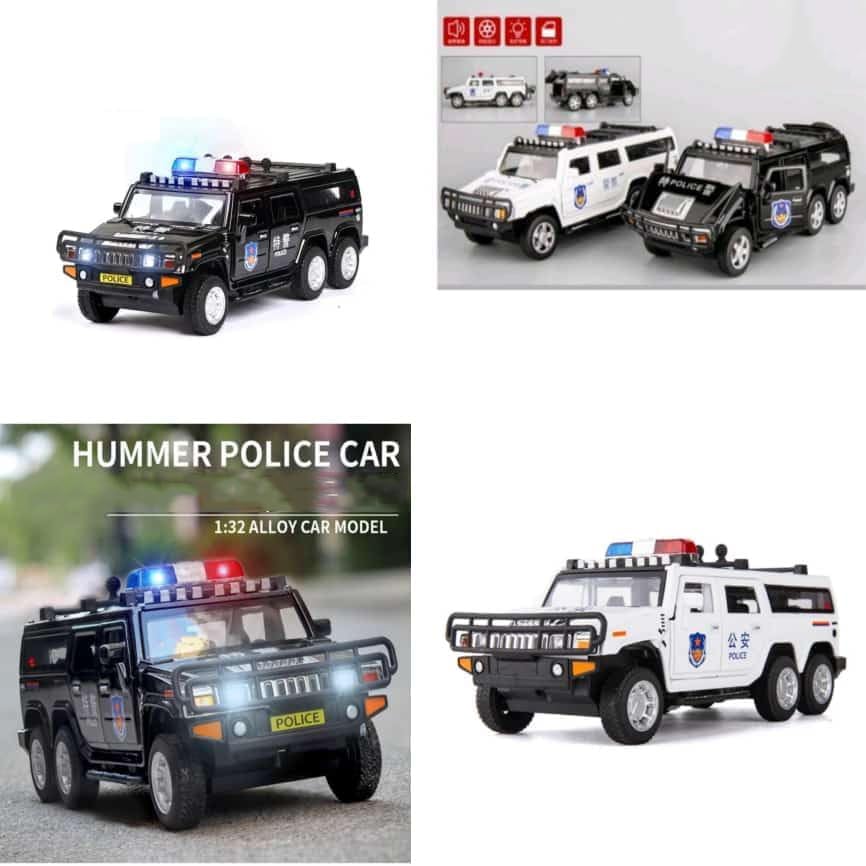 Image of WORSHIPER 1:32 Six-Wheeled Police Hummer Die Cast Metal Toy Car with Sound & Light, Openable Doors, Pull Back Action, Collectible Toy Vehicle for Kids (1 /32 Hummer Police CAR (Black)