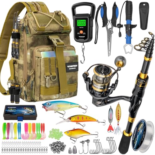 THKFISH Telescoping Fishing Rod and Reel Combo with Backpack Carbon Fiber Travel Fishing Pole Spinning Reel Kit with Fishing Lures Fishing Tools Kit for Men
