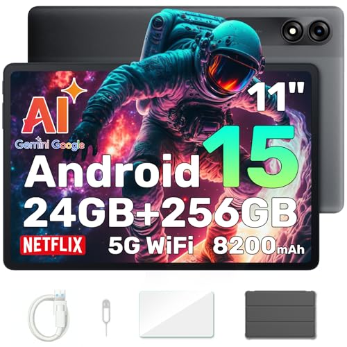 Blackview Tablet 11 Zoll Android 15 Gemini AI, 24GB RAM + 256GB ROM (2TB TF)/8200 mAh Akku/1920 * 1200 FHD IPS Widevide L1/PC Mode/Face ID/Octa-Core Gaming Tablet mit Hülle