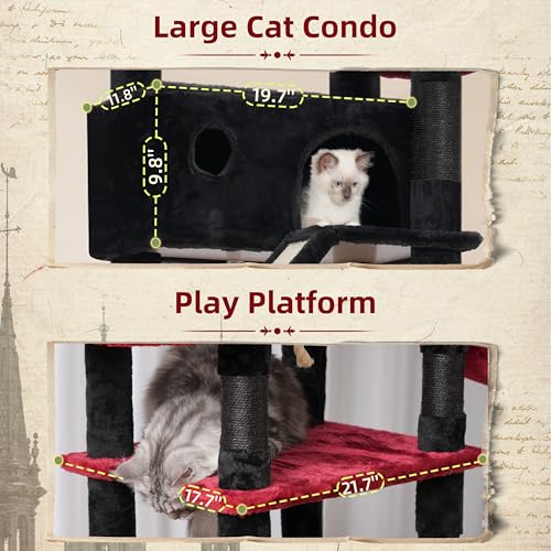 Image of Gitelsnour Tall Cat Tree Tower for for Multiple Cats, Large Condo, GCT031BR | 78.7 inch(200cm) Multi-level Scratching Post for Indoor Large Adult, 2 Condo, 4 Platforms, 3 Hammock, Sisal Rope, Toys Black