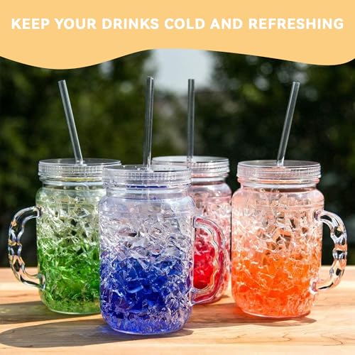 Image of Lily's Home Old Fashioned Glasses with Lids Straws and Handles, 16 oz Set of 4 - Clear Acrylic Tumbler Cups with Color Accents, Reusable Party Drinkware for BBQ, Poolside, Outdoor Events & Home Bar