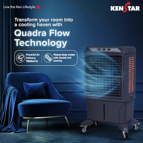 Image of Kenstar MAHA KOOL HC 120 L Desert Air Cooler WITH FRONT LOCKING COMMERCIAL GRADE WHEELS for Home|Anti-Bacterial Honeycomb Pads|High-Speed |Invertor ready|50Ft Air Throw|1-Yr Product Warranty|Grey