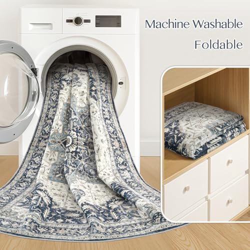 Tortania Area Rug Living Room Rugs - 8x10 Washable Boho Rug Vintage Oriental Distressed Farmhouse Large Thin Indoor Carpet for Living Room Bedroom Under Dining Table Home Office - Indigo