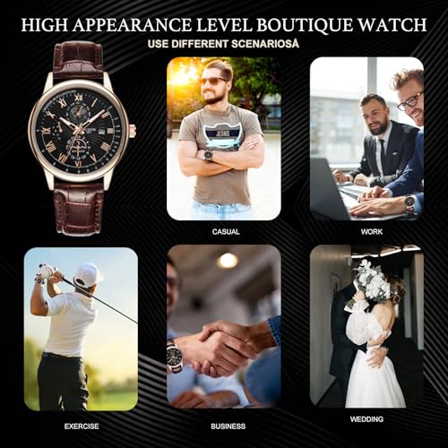 Image of Oligitdi Mens Watches Chronograph Quartz Date Calendar Stainless Steel Waterproof Luminous Business Wrist Watch (Brown)