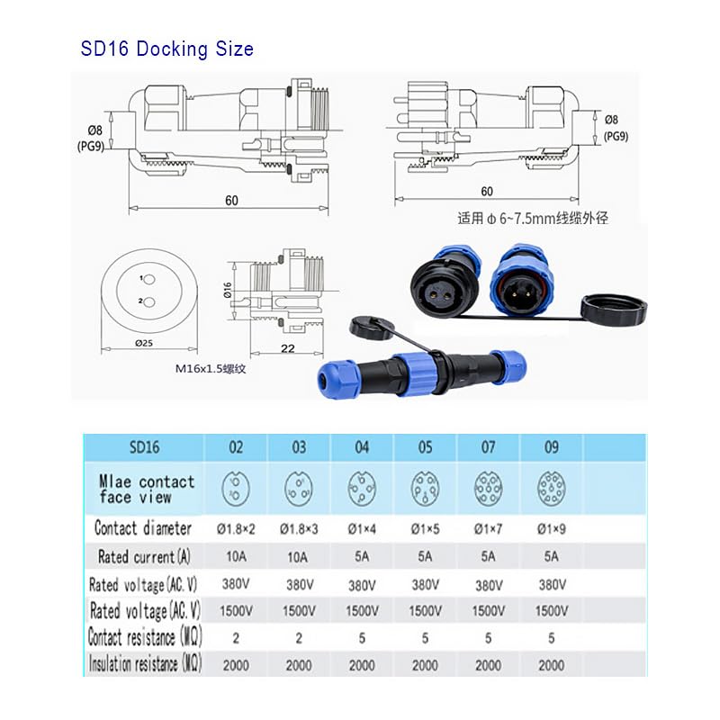 ZBLZGP Spina Impermeabile SD16 A 9 Poli Per Aeromobili, Presa A Corrente Tonda 5 A 250 V, Spina A Sgancio Rapido Per Dispositivo A LED Industriale All'aperto - Foto 4
