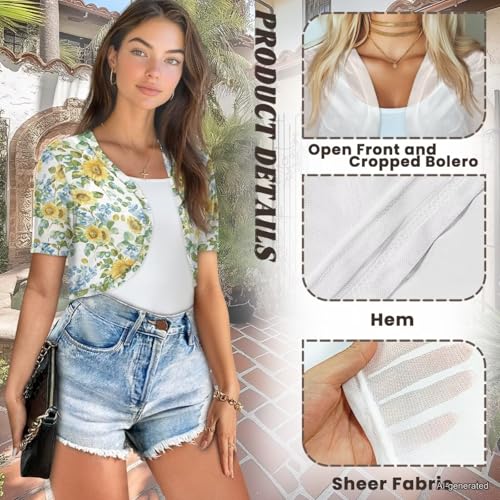 Image of Womens Short Sleeve Cardigans Lightweight Summer Cardigan Trendy Bolero Shrug Cute Floral Cardigan Sheer Bolero