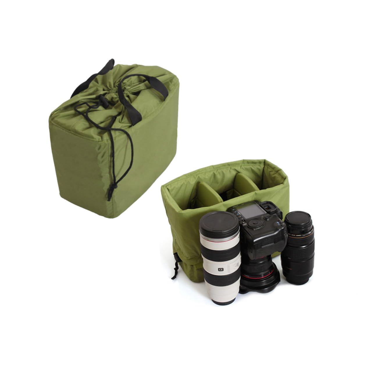 Bolsa Acolchada para Cámara Réflex, Inserto de Nailon Verde Cordón | Objetivos y Accesorios, Uso en Almacenamiento y Viaje, Formato Portátil Cierre de Cuerda
