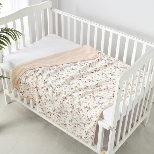 Image of CREVENT 40''X40'' 100% Organic Cotton Muslin Baby Blanket for Newborns, Essential for Baby Shower Birthday Gift - Beige Flower 100X100cm