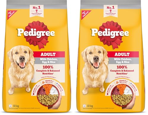 Image of Pedigree Adult Dry Dog Food, Chicken, Egg & Rice, 10 kg, Contains 37 Essential Nutrients, 100% Complete & Balanced Food for Adult Dogs (Pack of 2)