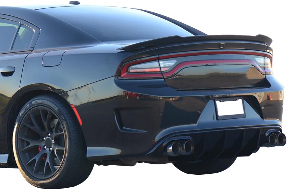 IKON MOTORSPORTS Bumper Lip Spoiler Compatible with 2015-2023 Dodge Charger SRT, Quad Exhaust Rear Diffuser with Blue Reflective Tape