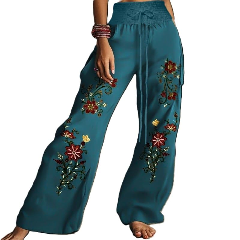 Melliflo Boho Embroidered Floral Pants for Women High Waist Flowy Palazzo Pants Vintage Lounge Trousers